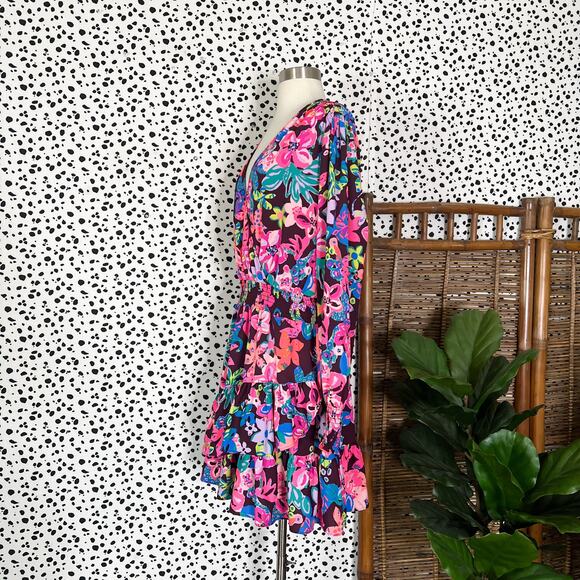 Lilly Pulitzer | Cristiana Pink Brown Floral Ruffle Plus Size Mini Dress 16 - Picture 8 of 11